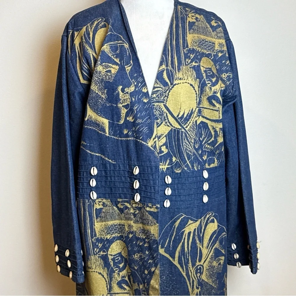 Molato African Denim Coat Jacket Duster Small Vintage 90s Gold Print
